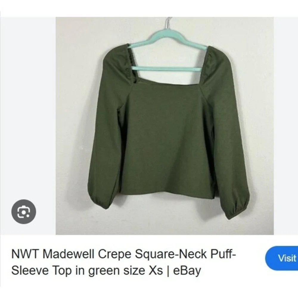 Madewell‎ Green Crepe Square-Neck Puff Sleeve Top - Size Small